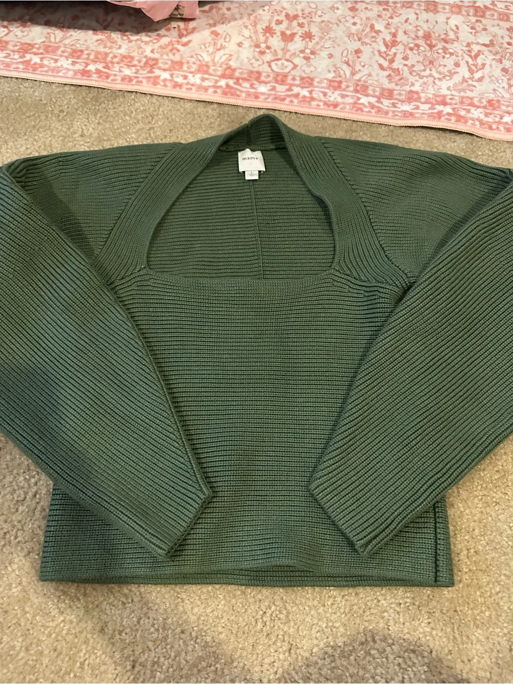 Maeve by Anthropologie Green Ribbed Square Neck Sweater L NWOT